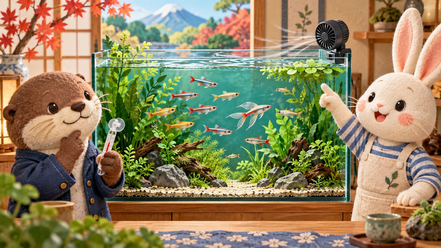 アカヒレの群れと水温管理を案内するアイとコタロウ