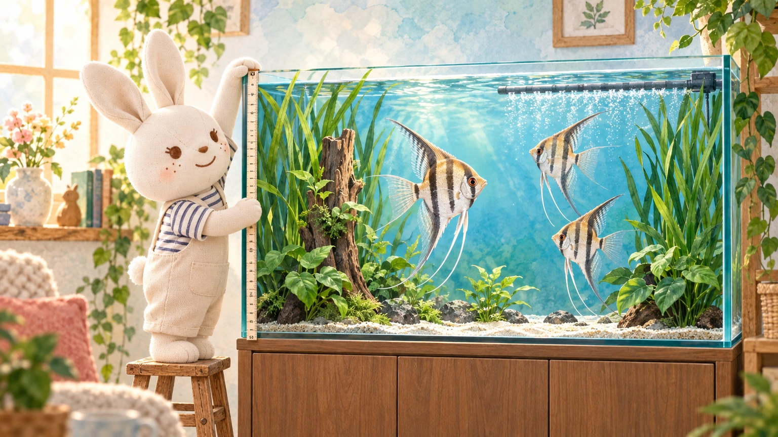 アイが背の高い水槽を測り、エンゼルフィッシュの飼育環境を整えている