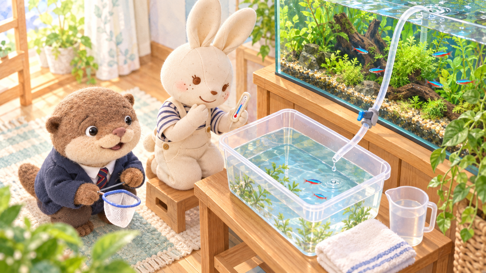 新しく迎える魚の水合わせを見守るアイとコタロウ。透明ケースと点滴チューブ、水温計を使うイメージ