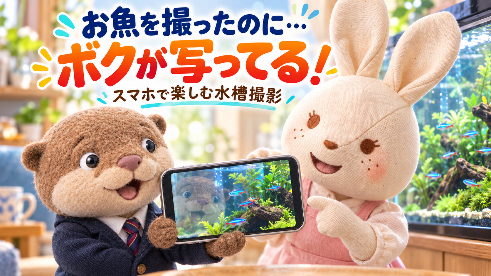 水槽を撮ったスマホの写真に自分の顔が映って驚くカワウソのコタロウと、一緒に画面を見るウサギのアイ