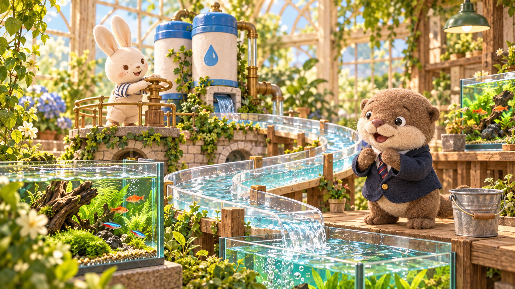 水を届ける小さな浄水工場で、バルブを回すアイと喜ぶコタロウ