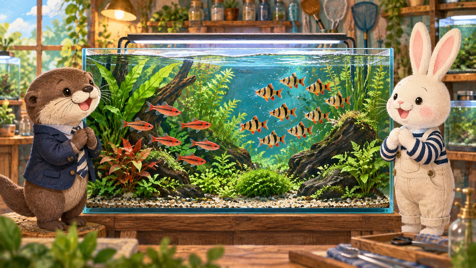 チェリーバルブとスマトラの水槽を案内するアイとコタロウ