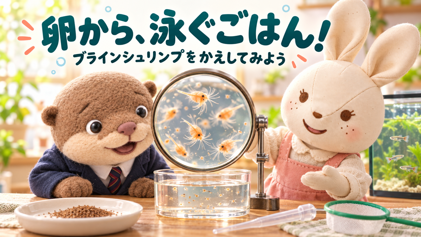 卵からかえったブラインシュリンプを、拡大鏡でのぞくコタロウと案内するアイのイラスト