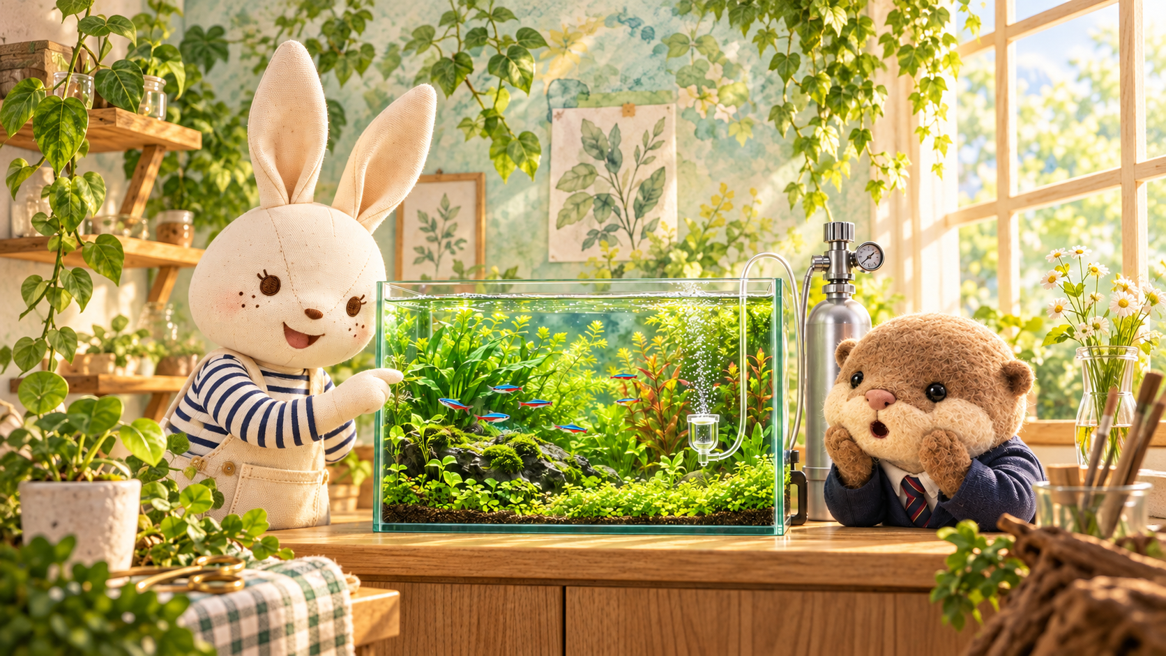 水草の茂る水槽とCO₂器具を眺めるアイとコタロウ