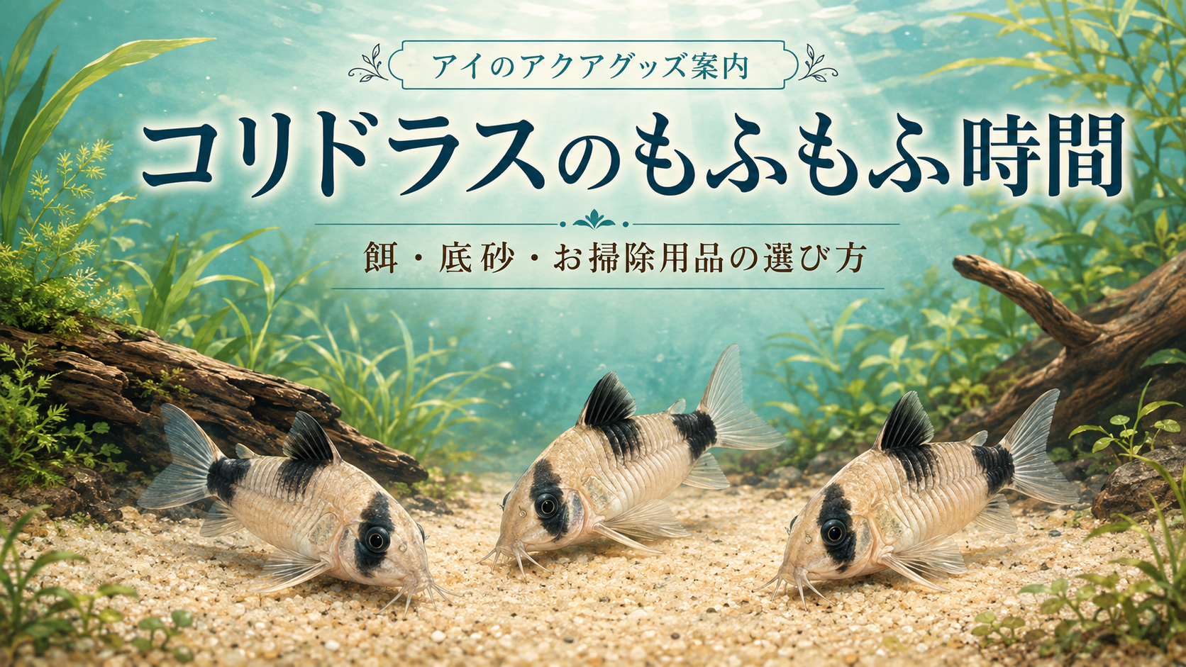 細かな砂の上で餌を探す３匹のコリドラス・パンダを描いた飼育用品ガイドのイラスト
