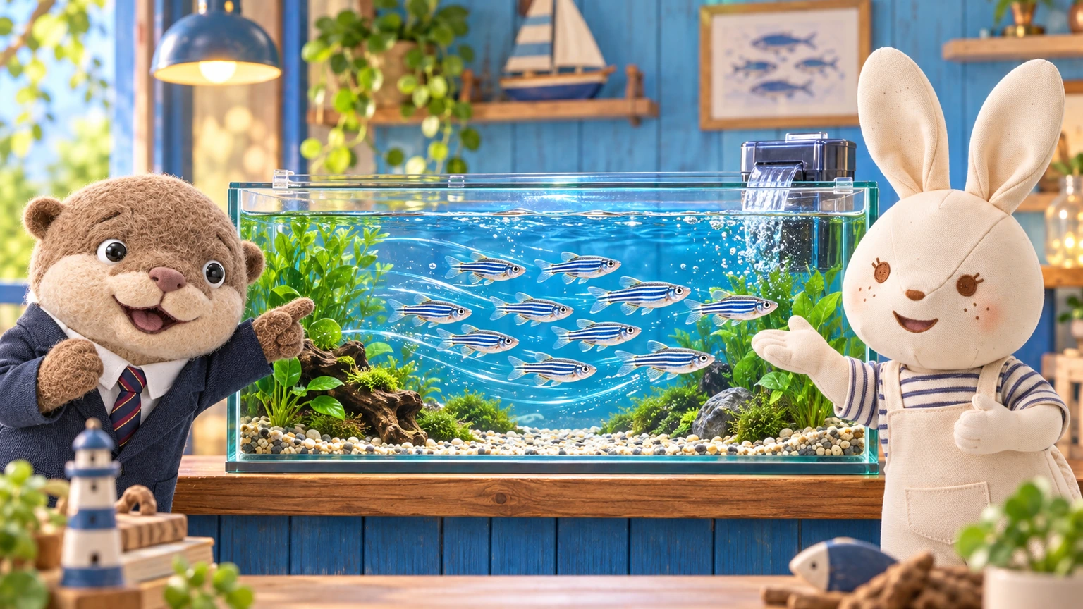 ダニオの仲間が泳ぐ水槽を案内するアイとコタロウ