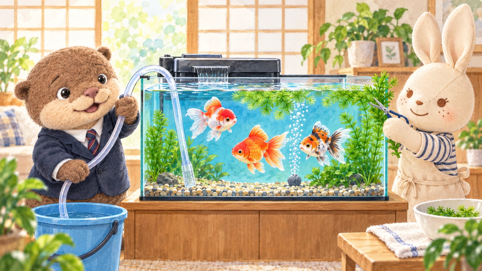 コタロウとアイが金魚水槽の底掃除と水草の手入れをしている