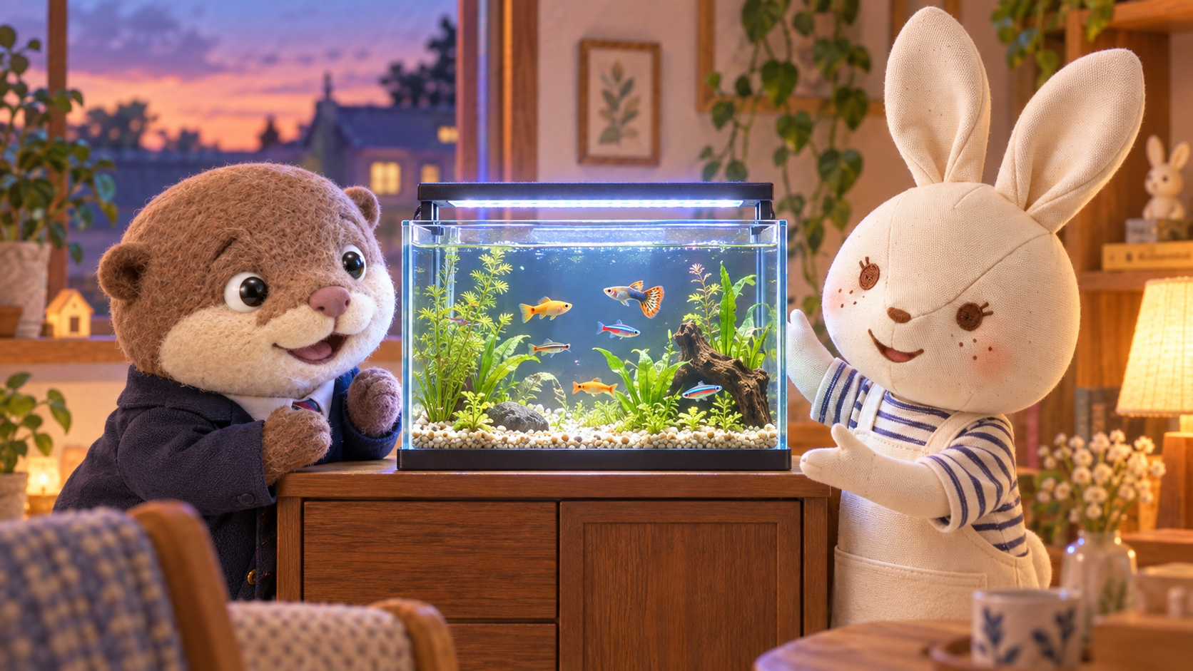 ライトに照らされた魚を眺めるコタロウとアイ