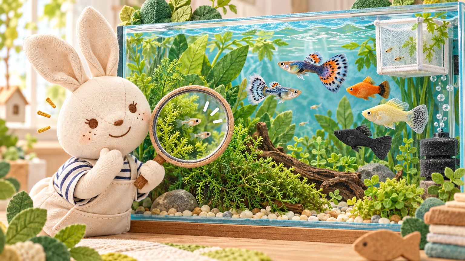 アイが水草の陰にいるグッピー・プラティ・モーリーの稚魚を見つけている