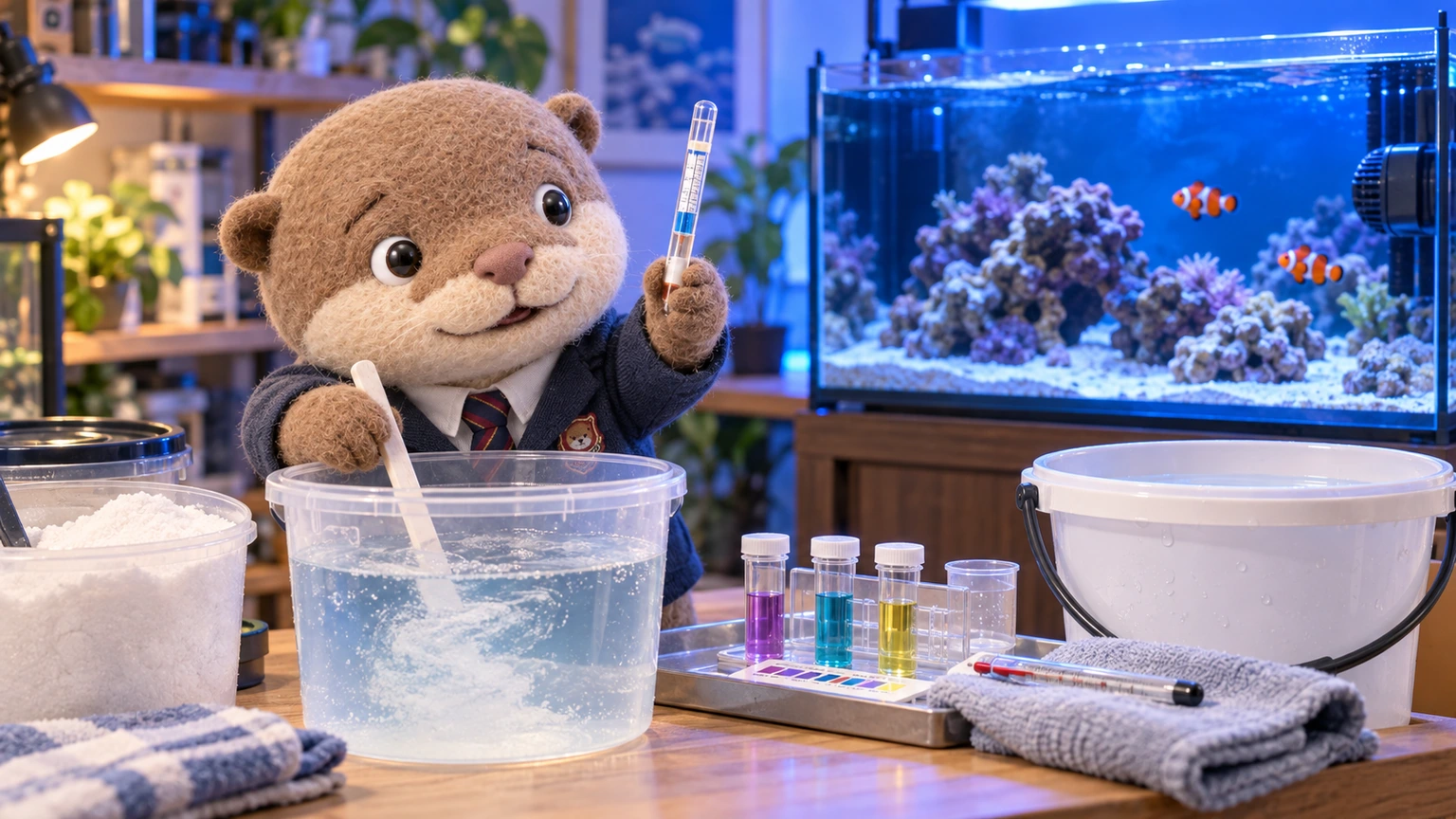 コタロウが人工海水を作り比重と水質を測っている