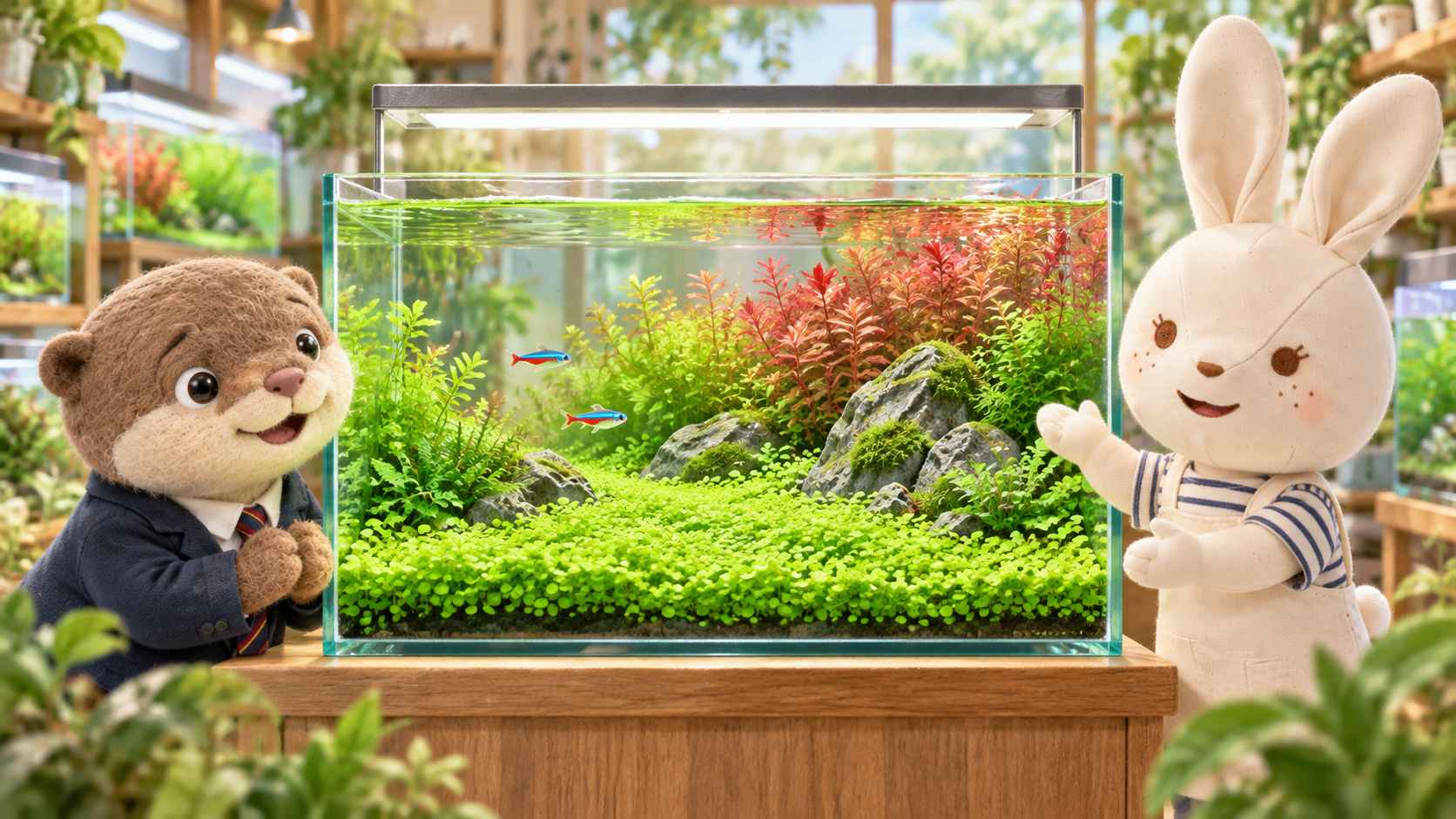 緑の絨毯と赤い水草の水槽を眺めるアイとコタロウ