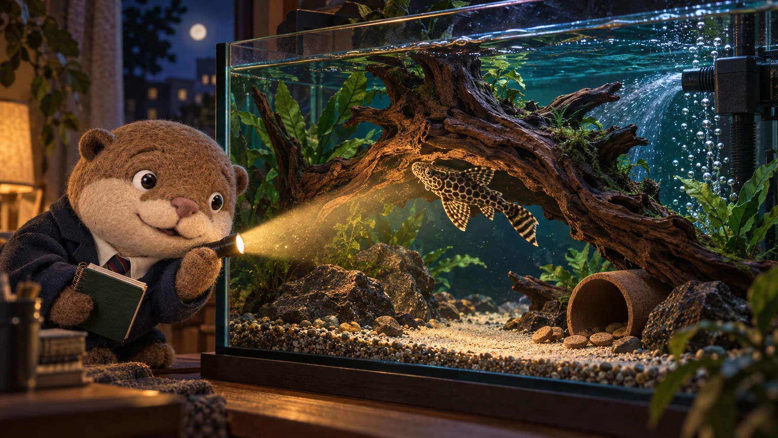 コタロウが夜の水槽で流木の下にいるプレコを観察している