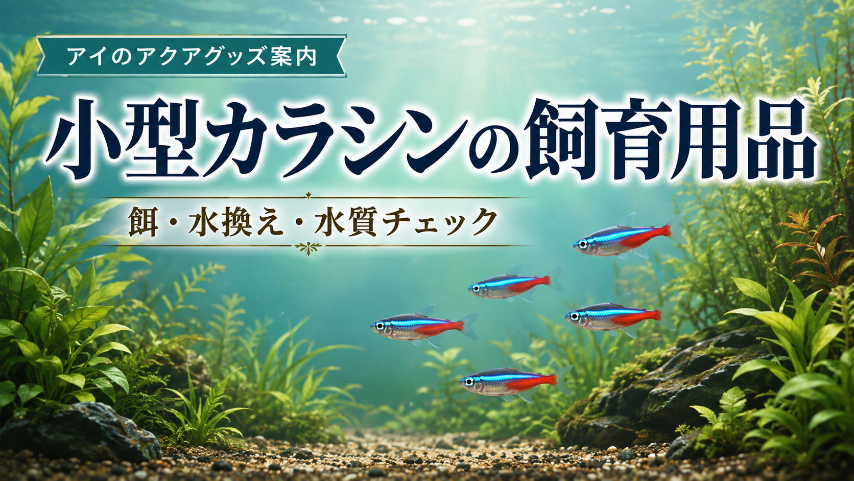 小型カラシンの飼育用品。餌・水換え・水質チェックを案内する、水草と小型魚のイメージイラスト