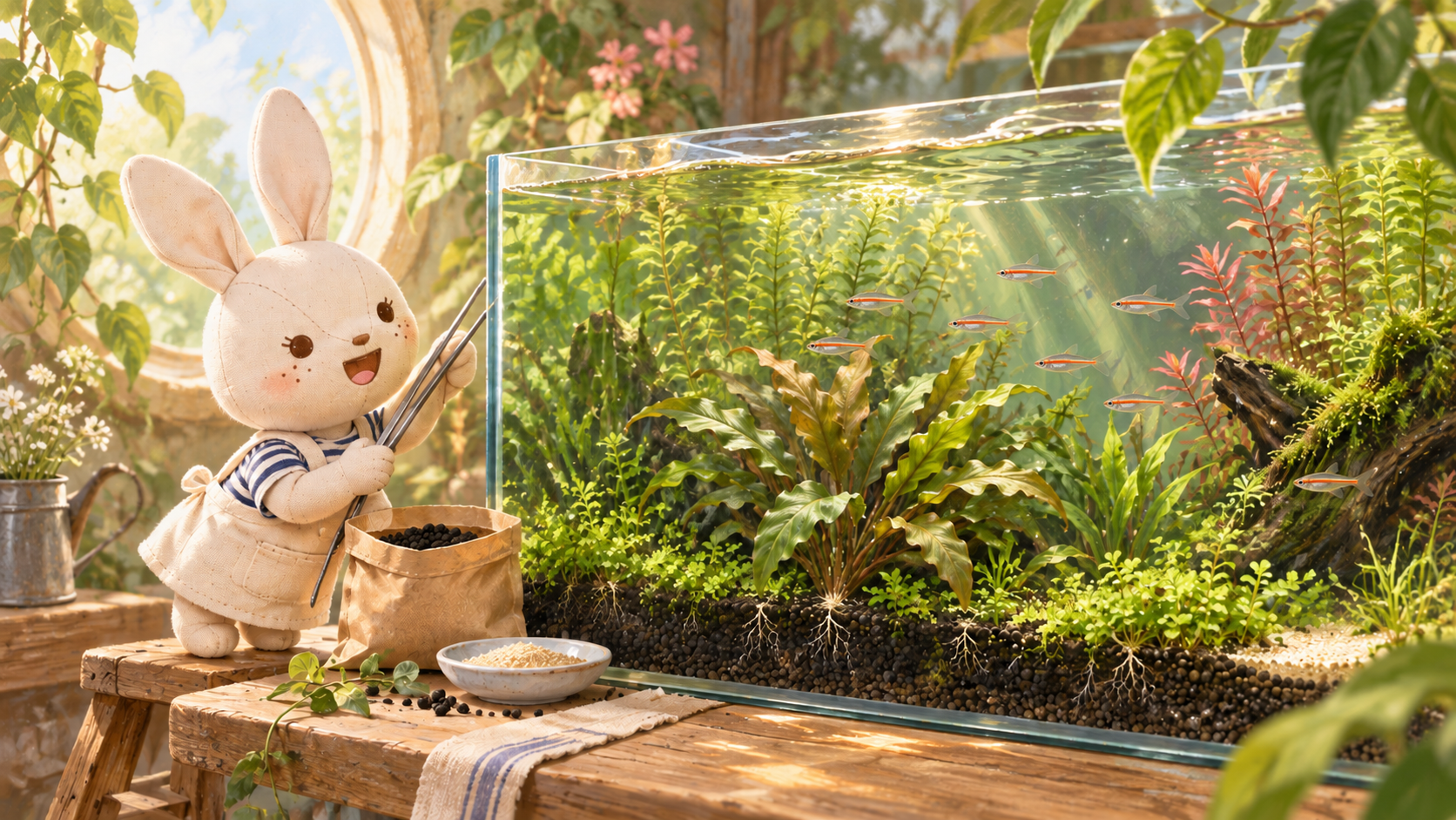 水草とグローライトテトラの水槽を手入れするアイ。根元には粒状のソイル