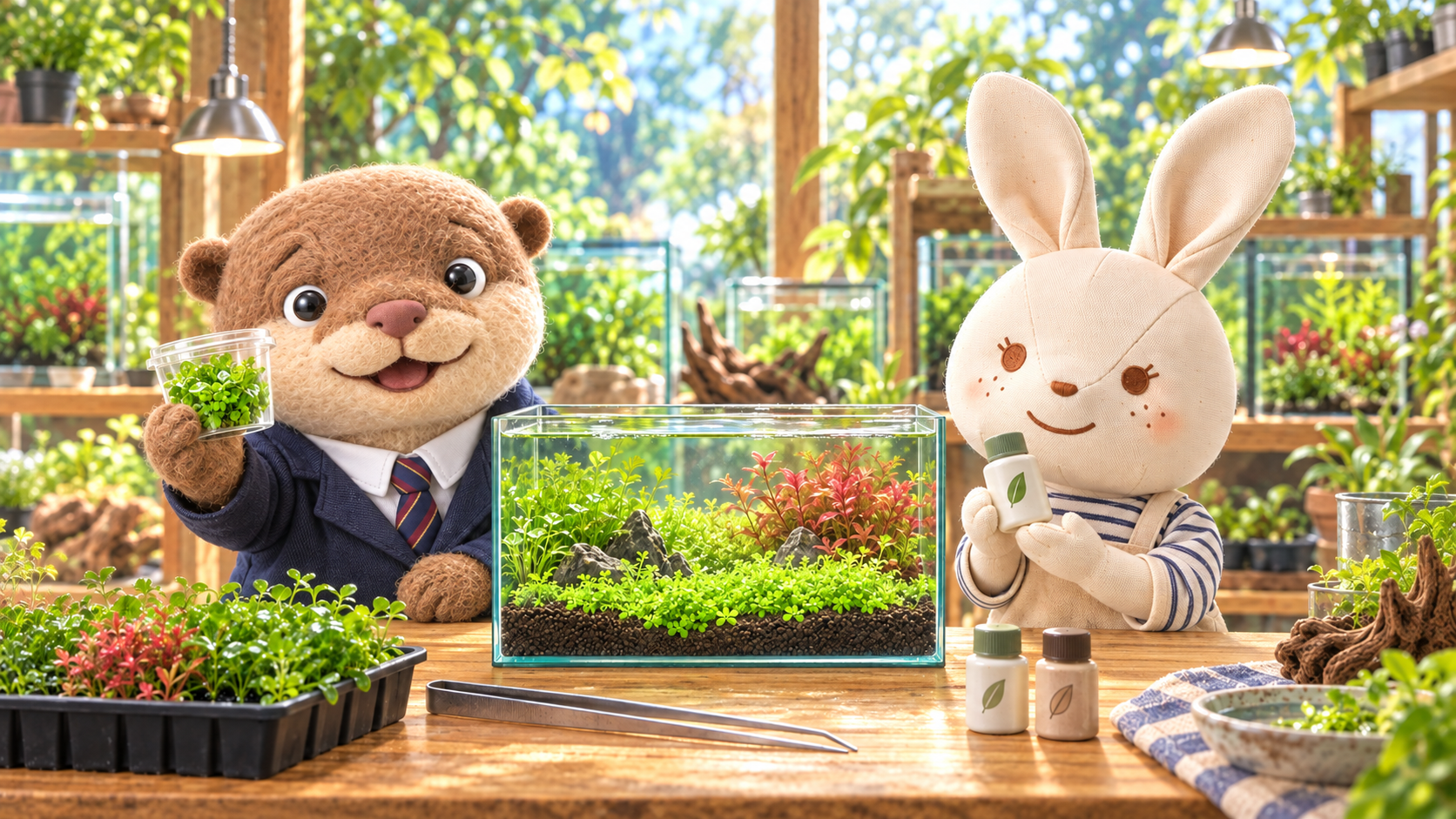 水草の植栽と肥料の準備を楽しむアイとコタロウ