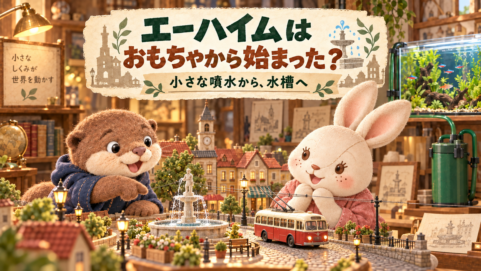 模型の街の噴水とトロリーバスを見つめるコタロウとアイ。エーハイムの歴史をたどる記事のイメージイラスト。