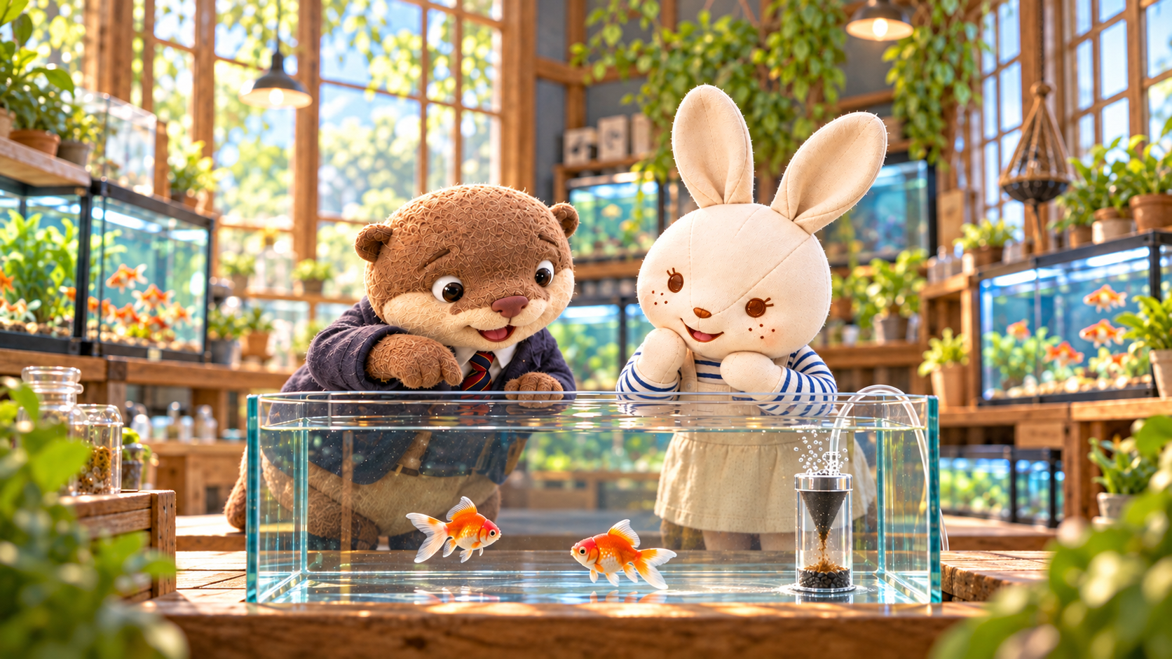 金魚水槽の中のフィッシュレットを興味深そうに観察するコタロウとアイのイメージ
