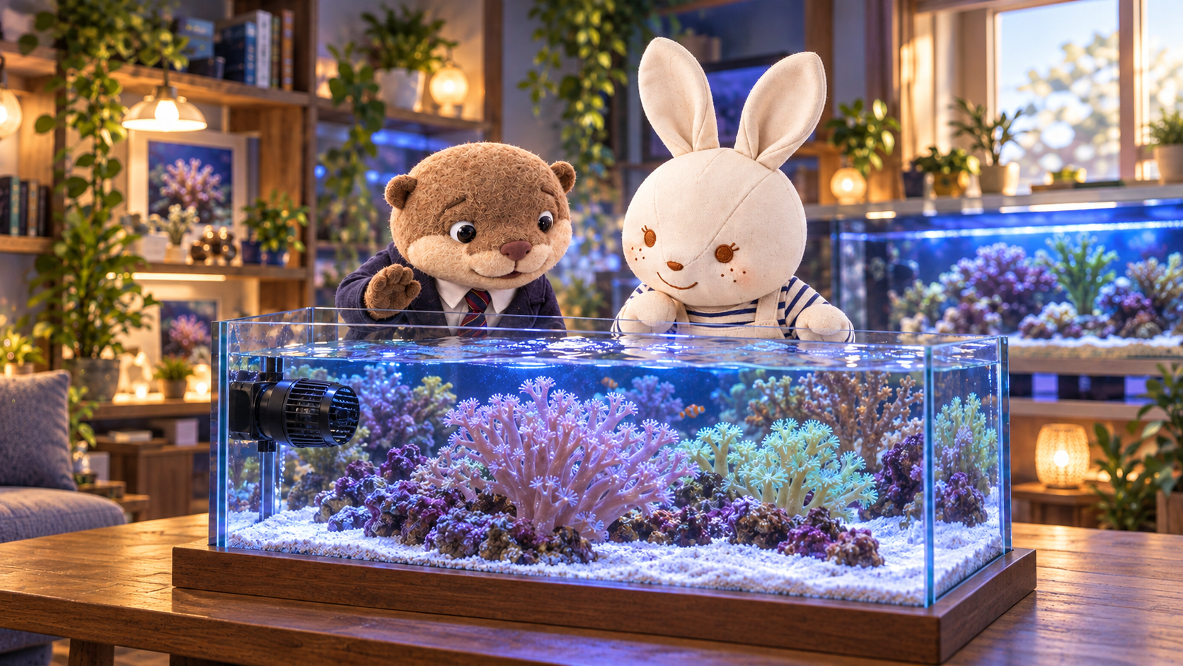 水流ポンプのあるサンゴ水槽をのぞき込む、コタロウとアイのぬいぐるみ